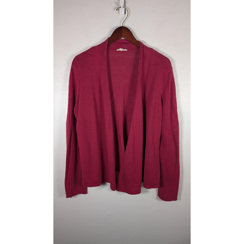 Eileen Fisher Sweater Womens Large Red 100% Linen Open Front Cardigan Knit